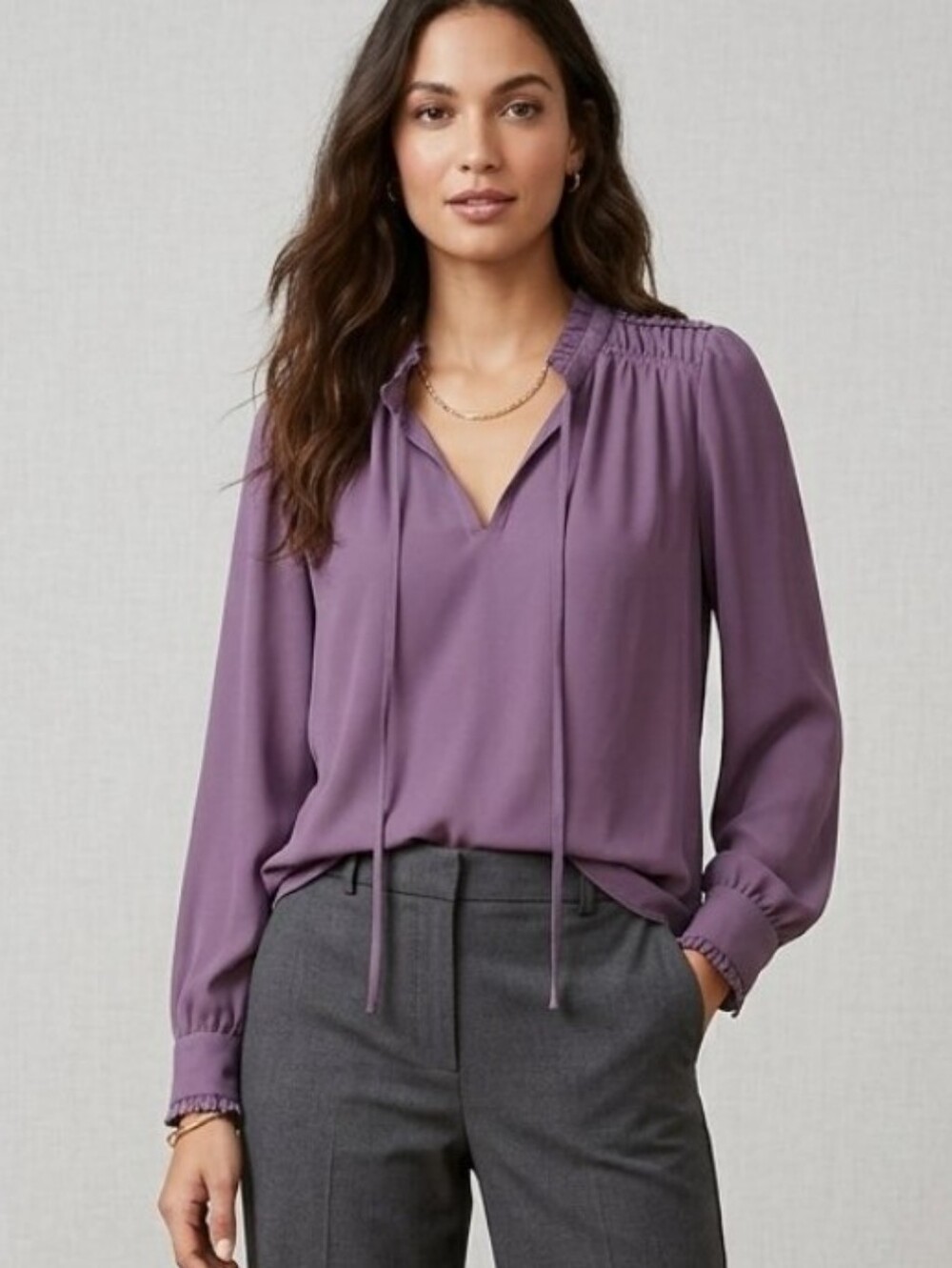 Loft Purple Ruffle-Trim Long Sleeve Blouse Sz S